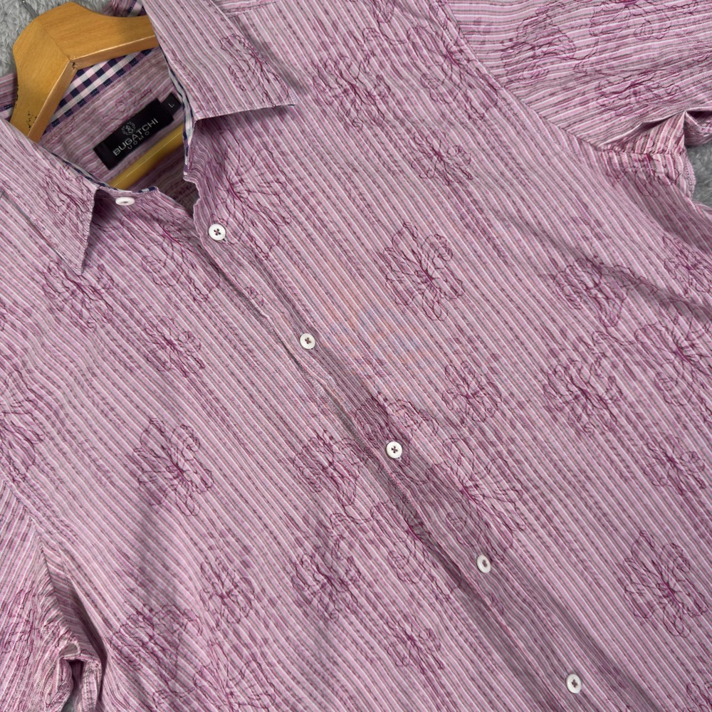 Bugatchi Uomo Shirt Mens Large Pink Floral Button Up Short Sleeve‎